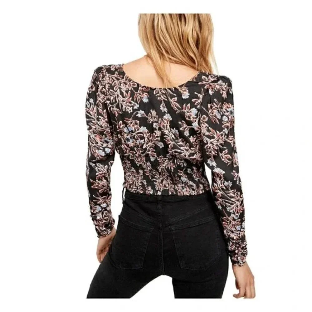 FREE PEOPLE Santiago Black Floral Smocked Cropped Blouse - Size Small